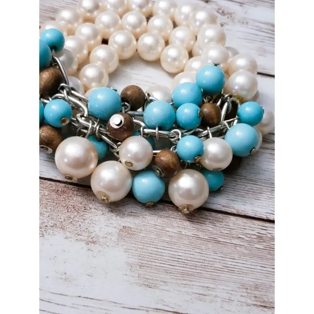 Vintage Bracelet / Bangle - Faux Pearl and Blue & Brown Tones